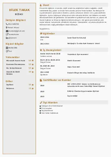 Eczacı CV Örnekleri cv indir